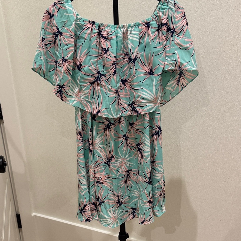 Buddy Love Mint Off-Shoulder Dress with Pink‎ & Navy Palm Print